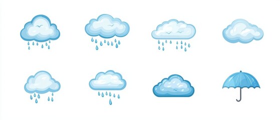 Wall Mural - set of flat vector illustrations featuring various cloud designs and umbrella for weather-related th