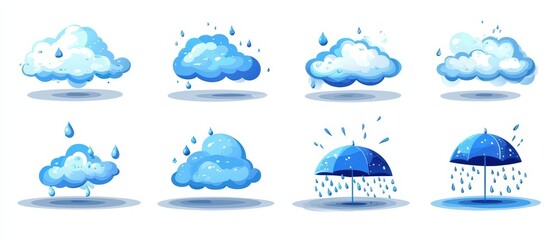 Wall Mural - set of vector illustrations of clouds and umbrella in flat style with raindrops and water droplets