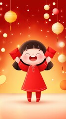 Wall Mural - Cheerful Girl in Red Holding Red Envelopes in Festive Setting with Lanterns and Sparkles