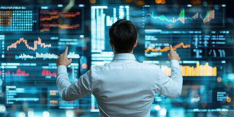 Fototapete - Business Analyst Working with Interactive Data Visualization on Digital Screen in Modern Office Environment, Exploring Charts and Graphs