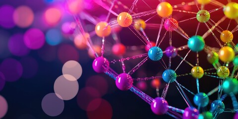 Poster - Colorful abstract molecular structure with vibrant spheres on connected lines representing scientific concepts and digital connections in a modern setting
