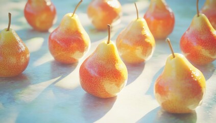 Wall Mural - Juicy Ripe Pears Glistening in Sunlight: A Still Life of Fresh Fruit, Vibrant Colors, and Natural Light. Delicious Summer Pears