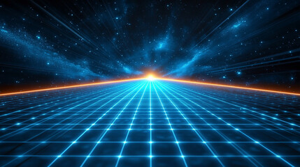 Wall Mural - Futuristic retro 80s video game background with glowing blue grid streaking through cosmic space Symbolizes nostalgia innovation digital evolution and limitless possibilities Blank space for text

