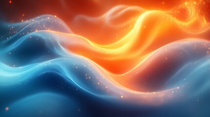 Fototapete - Abstract waves of vibrant blue and orange light with glowing particles, digital artwork concept
