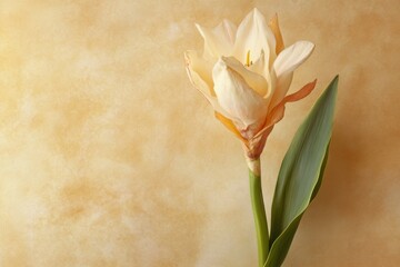 Wall Mural - Single amaryllis flower with cream petals and green leaves