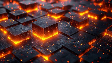 Wall Mural - Glowing cubes array, abstract background with fire light, technology or concept use.