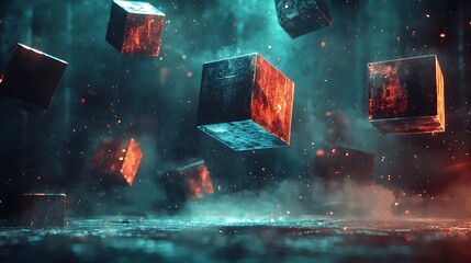 Wall Mural - Glowing cubes falling in dark smoky space; abstract digital art for tech backgrounds.