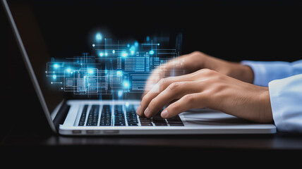 Wall Mural - close-up of hands typing on a laptop with data streaming from the screen.