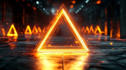 Wall Mural - Glowing orange triangle in dark hall with blurry shapes in the background for graphic use.