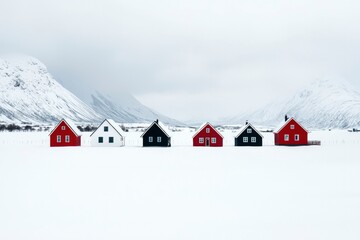 Wall Mural - Houses in winter landscape with snowy mountains background for real estate ads