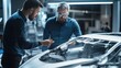 © Bhait - A close-up of engineers in an automotive design studio, examining a prototype vehicle under development, Automotive design scene