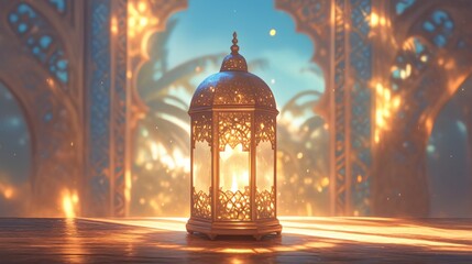 Illuminated Ramadan Lantern on Wooden Table Festive Islamic Background Golden Intricate Design