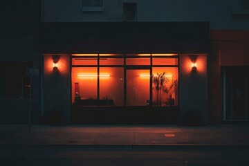 Poster - Storefront glows warmly at night, showcasing interior plants. Urban use possible