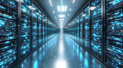 Cyber Data Center: Infinite Blue Corridor of Servers