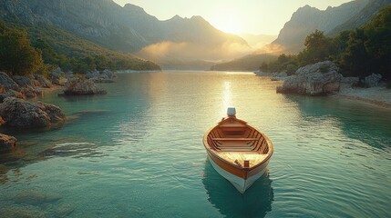 Canvas Print - Wooden Rowboat On Calm Turquoise Lake With Sunrise Over Mountains