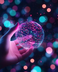 Poster - Glowing Sphere of Light in Hand with Vibrant Bokeh Background and Sparkling Visual Effects