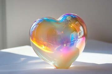 Poster - Iridescent heart shaped glass sculpture catches light and reflections