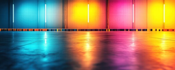 Poster - Vibrant Abstract Background with Colorful Neon Lights and Glossy Floor for Creative Design Projects