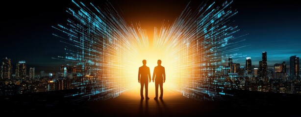 Leinwandbilder - Two Silhouetted Figures Standing in Front of an Abstract Digital Explosion in a Cityscape at Dusk