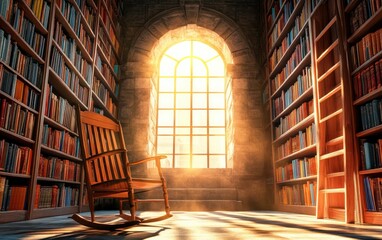 Poster - Serene Reading Nook Inside an Old Library with Sunlight Streaming Through the Tall Windows