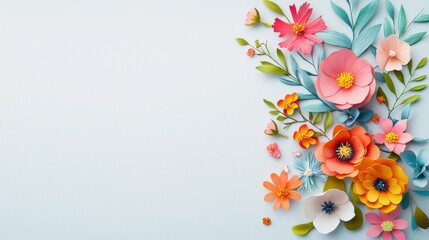 Wall Mural - Vibrant paper flowers arrangement on a soft blue background