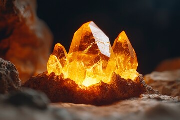 Sticker - Glowing crystal formation on rocky surface, with rock and dark background