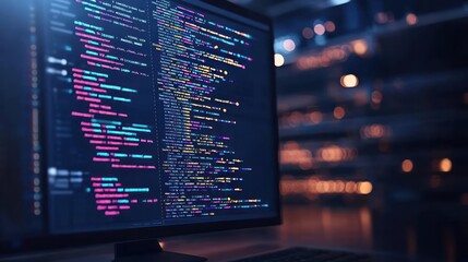 Colorful Coding Display On Computer Monitor In Dark Server Room