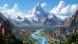 © shikatso - Majestic snow-capped mountain valley town, river, scenic background, fantasy game art