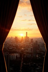 Wall Mural - Sunset view of a city skyline through an open curtain