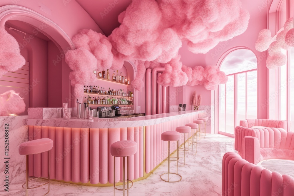 Pink bar interior, cotton candy clouds, city view, modern design ...