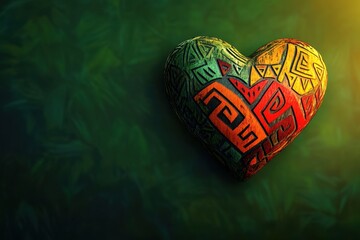 Wall Mural - Colorful heart adorned with tribal patterns on a dark background