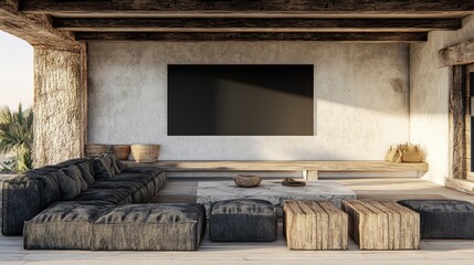 Wall Mural - Spacious Modern Living Room with Minimalist Furniture and Large Black Television Screen