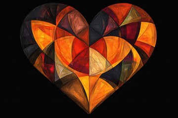 Wall Mural - Geometric heart composed of stained glass patterns on black background