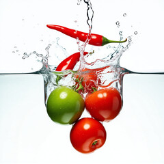 juicy tomatoes and red chilli fall in the water on a white background,