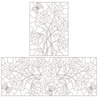 © Zagory - Set of contour illustrations in stained glass style with floral arrangements with popies and butterflies, dark contours on a white background