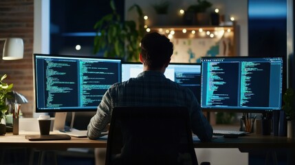 a dedicated software engineer debugging code on multiple computer screens in a modern tech startup o