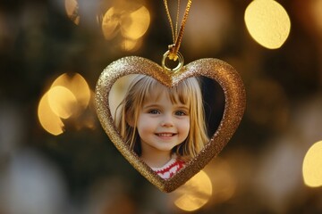 Wall Mural - Child pictured inside of gold glittery heart shaped christmas ornament