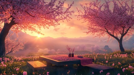 Canvas Print - Serene sunrise scene with blossoming cherry trees, mountains, and picnic table.