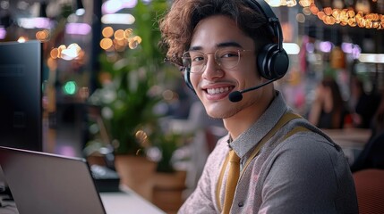 Aufkleber - A very handsome Asian male call center agent, he is very happy, smiling, satisfied and concentrated and, looking at the laptop, he has black headphones on his head.