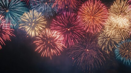 brilliant multicolored fireworks exploding in a dark sky, creating a festive ambiance, with a wide b