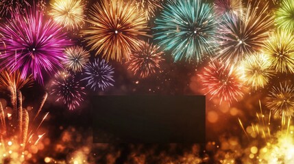 brilliant multicolored fireworks exploding in a dark sky, creating a festive ambiance, with a wide b