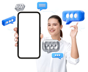 Smiling woman in white shirt holding smartphone with blank screen, surrounded by floating chat bubbles, on white background. Concept of messaging app