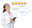 © ImageFlow - Woman in white shirt holding smartphone, surrounded by customer feedback icons and five-star ratings on a white background, representing online review concept