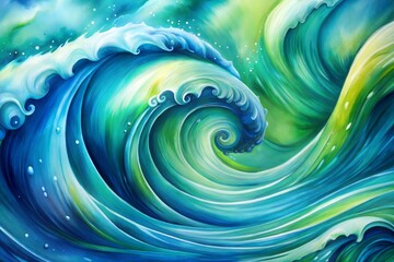 Canvas Print - Swirling ocean waves in vivid blues and greens watercolor texture