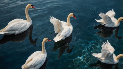 Naklejka na meble Elegant swans swim in formation across vibrant, reflective waters.

