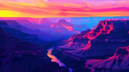 Wall Mural - A stylized illustration of the Grand Canyon with a colorful sunset sky.