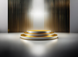 Poster - a gold and white tiered podium stands under a bright spotlight. the background features textured gol