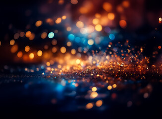 Wall Mural - blurred bokeh lights in orange and blue hues create a dreamy and abstract background against the dar
