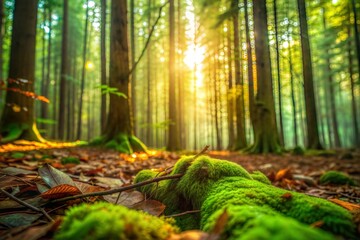 Wall Mural - Sunlit green forest with mossy path watercolor texture