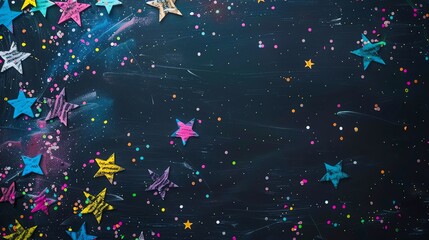 Canvas Print - colorful stars and confetti scattered on a dark blue background.